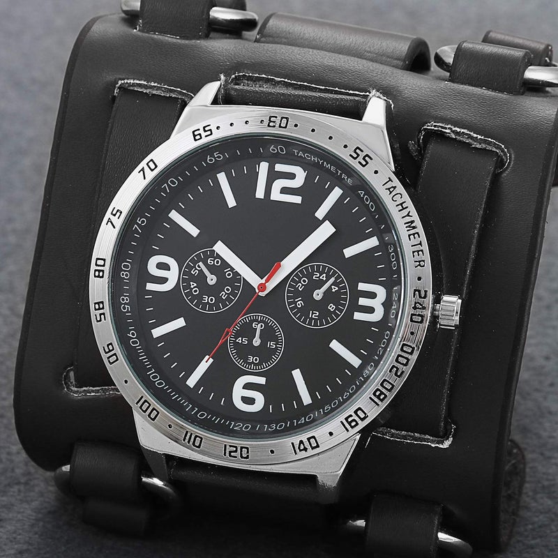 Lancardo Mens Steampunk Retro Genuine Leather Replaceable Watch Military Japan Quartz Hip-hop Gothic Wide Bracelet Cuff Big Black Dial Sport Wrist Watches - Image 5