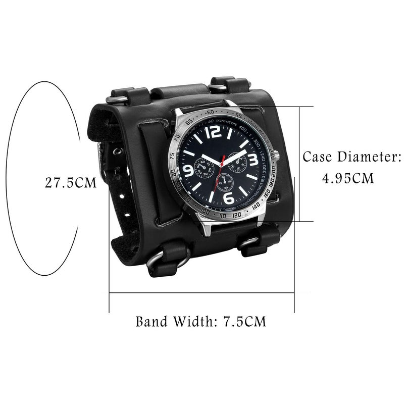 Lancardo Mens Steampunk Retro Genuine Leather Replaceable Watch Military Japan Quartz Hip-hop Gothic Wide Bracelet Cuff Big Black Dial Sport Wrist Watches - Image 2