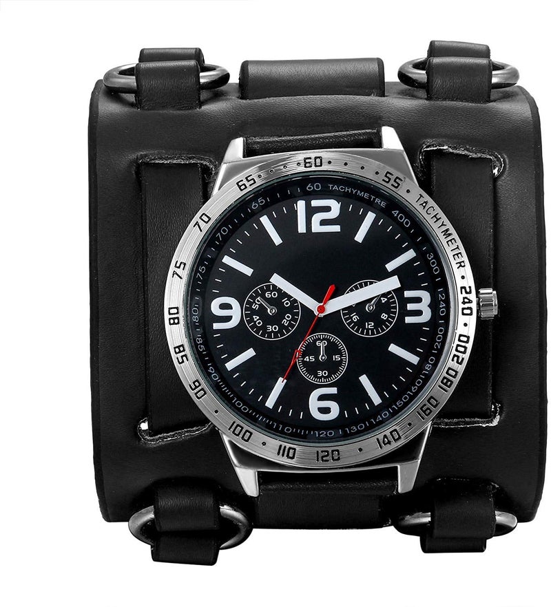 Lancardo Mens Steampunk Retro Genuine Leather Replaceable Watch Military Japan Quartz Hip-hop Gothic Wide Bracelet Cuff Big Black Dial Sport Wrist Watches - Image 1