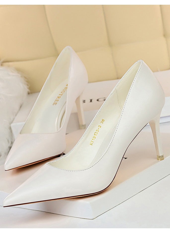 BIGTREE Women's Comfortable Stiletto Pumps 7.5cm Elegant Gorgeous Closed Pointed Toe Slip On Solid High Heels White 