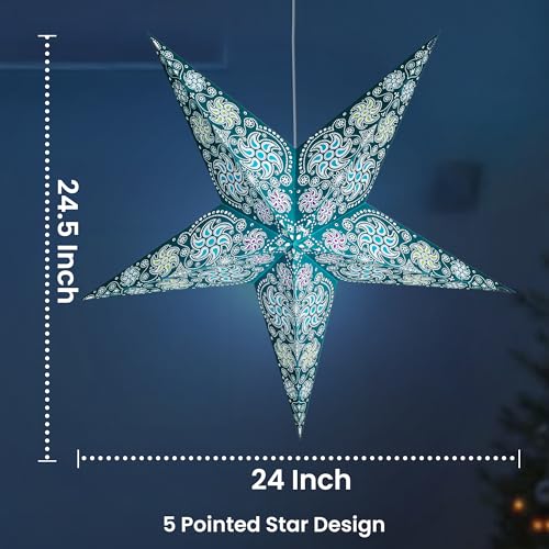 GalaxyArts Paper Star Lantern, 24 Inch Chakra Turquoise 3D Light-Up Hanging Lamp, Handcrafted Hollow Out Star Decoration for Christmas, Wedding, Parties, Birthday, Indoor Outdoor Home Décor (Medium) - Image 2