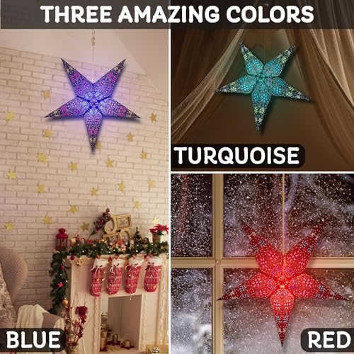 GalaxyArts Paper Star Lantern, 24 Inch Chakra Turquoise 3D Light-Up Hanging Lamp, Handcrafted Hollow Out Star Decoration for Christmas, Wedding, Parties, Birthday, Indoor Outdoor Home Décor (Medium) - Image 4