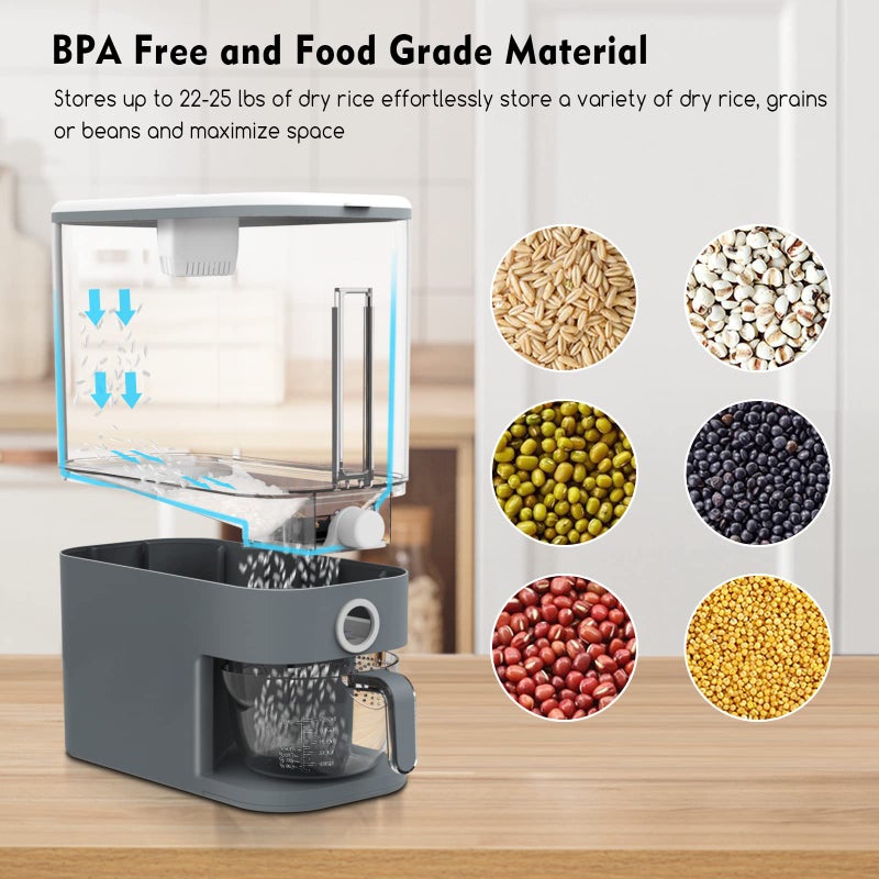 VenDotbi Rice Dispenser, 22-25 Lbs Rice Container with Measuring Cup, Upgraded Built-in Fresh Box, Cereal Dispenser Storage with Lids for Home Kitchen Pantry Rice Soybean Corn-Grey - Image 3