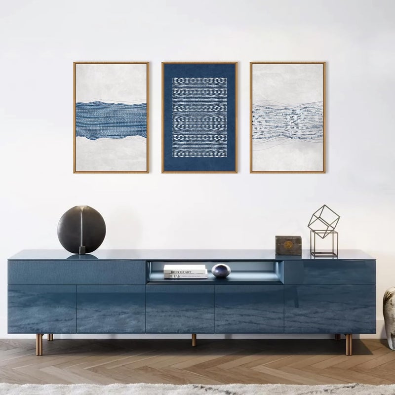 Aryroi Large Abstract Navy Blue and White Framed Canvas Wall Art Set,Modern Neutral Geometric Waves Lines Dots Wall Decor,Mid Century Minimalist Boho Artwork for Living Room,Bedroom,Office- 24"x36"x3 - Image 3