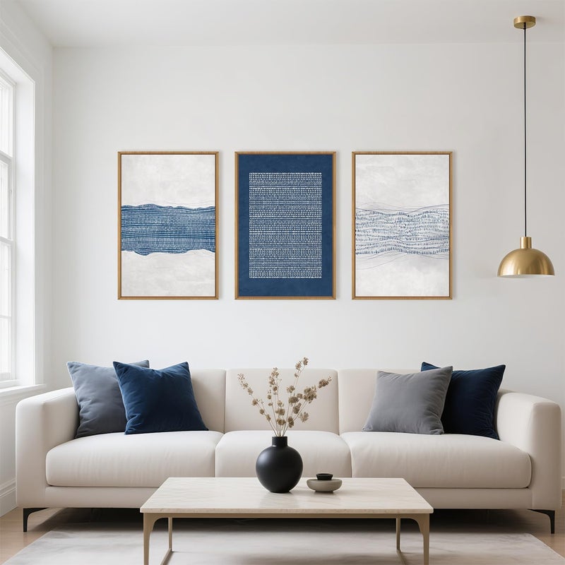 Aryroi Large Abstract Navy Blue and White Framed Canvas Wall Art Set,Modern Neutral Geometric Waves Lines Dots Wall Decor,Mid Century Minimalist Boho Artwork for Living Room,Bedroom,Office- 24"x36"x3 - Image 2