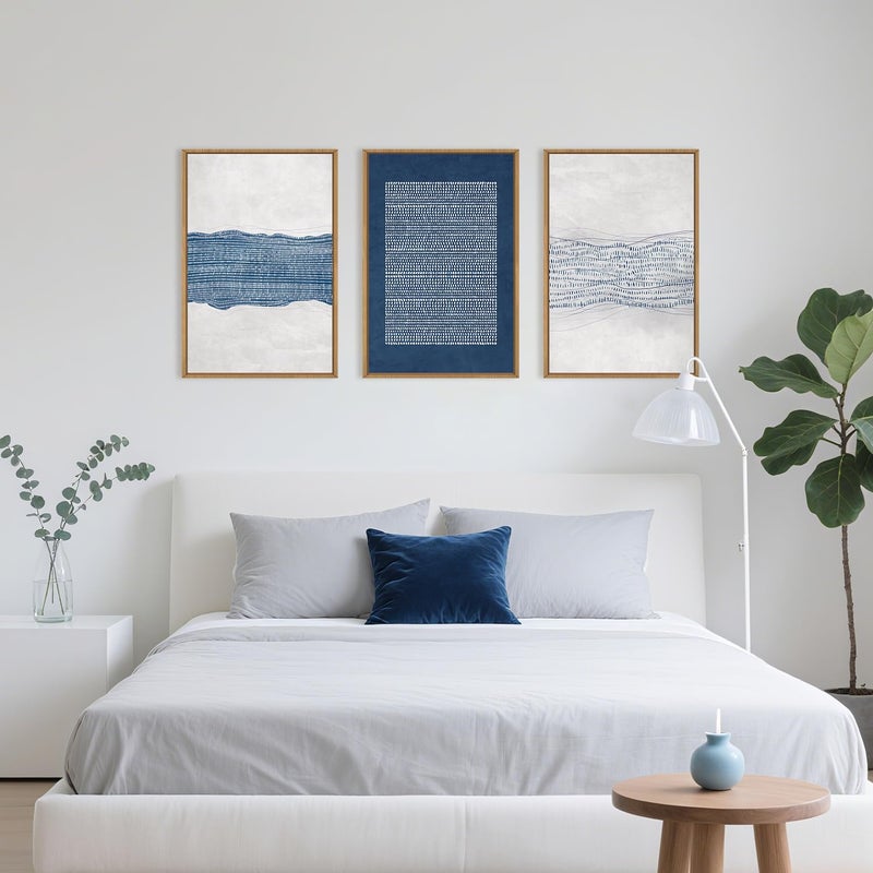 Aryroi Large Abstract Navy Blue and White Framed Canvas Wall Art Set,Modern Neutral Geometric Waves Lines Dots Wall Decor,Mid Century Minimalist Boho Artwork for Living Room,Bedroom,Office- 24"x36"x3 - Image 5