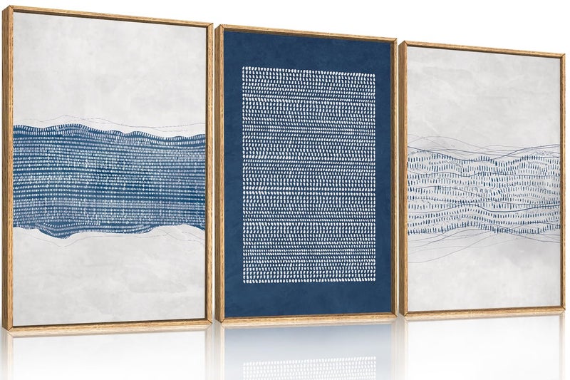Aryroi Large Abstract Navy Blue and White Framed Canvas Wall Art Set,Modern Neutral Geometric Waves Lines Dots Wall Decor,Mid Century Minimalist Boho Artwork for Living Room,Bedroom,Office- 24"x36"x3 - Image 1