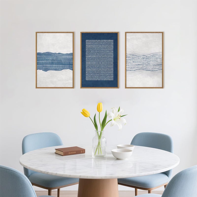 Aryroi Large Abstract Navy Blue and White Framed Canvas Wall Art Set,Modern Neutral Geometric Waves Lines Dots Wall Decor,Mid Century Minimalist Boho Artwork for Living Room,Bedroom,Office- 24"x36"x3 - Image 4