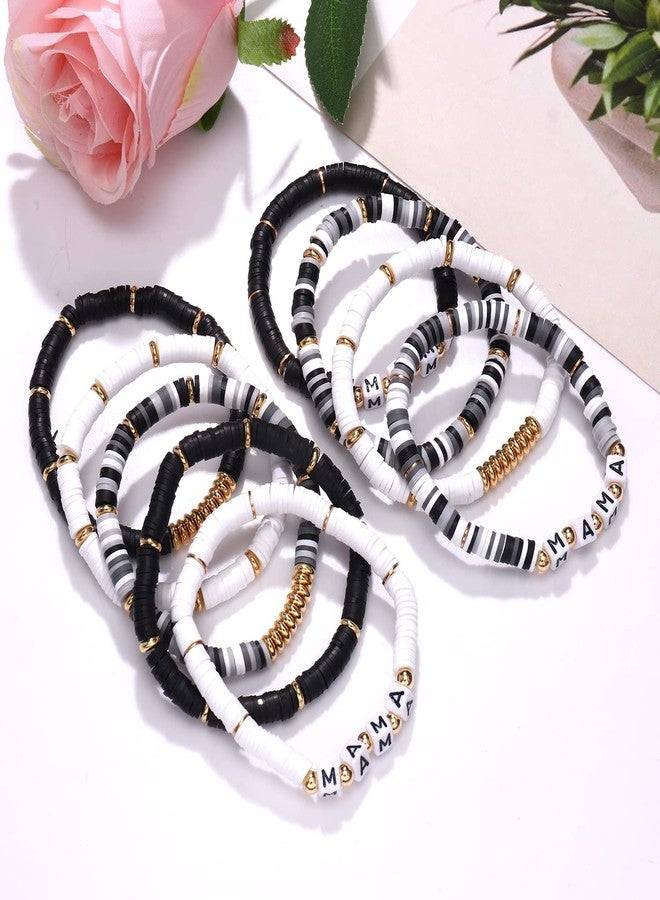 HZEYN Heishi Bracelet Stack Beaded MAMA Stretchy Bracelet Mother's Day Thanksgiving Gifts for Mother Black White Gray - Image 3