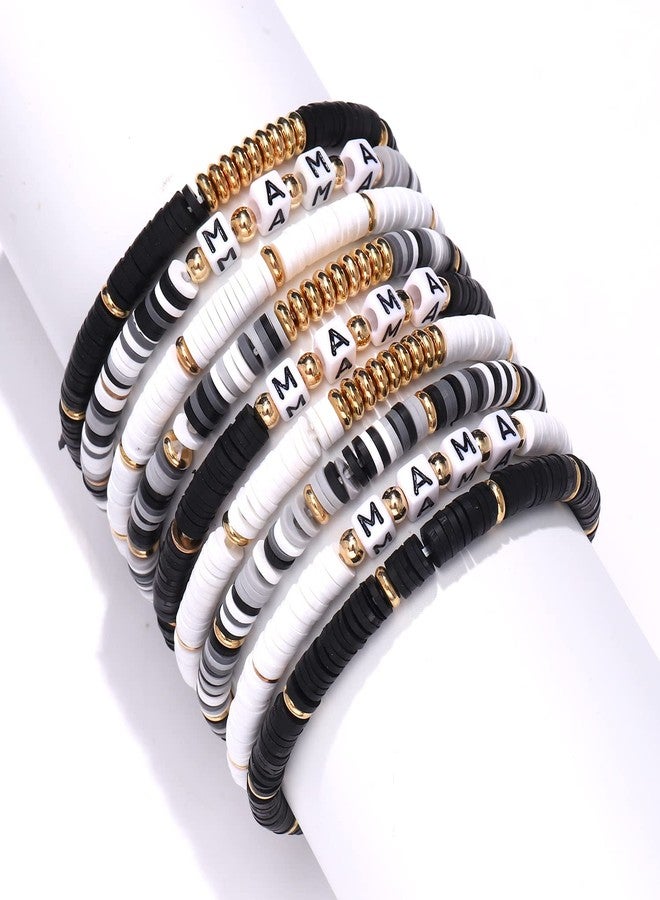 HZEYN Heishi Bracelet Stack Beaded MAMA Stretchy Bracelet Mother's Day Thanksgiving Gifts for Mother Black White Gray - Image 2