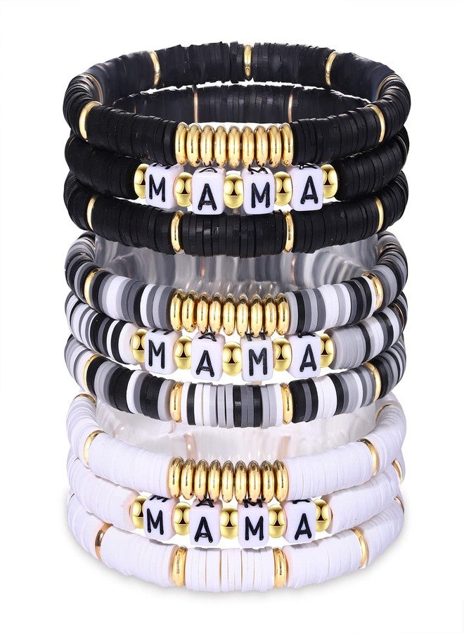 HZEYN Heishi Bracelet Stack Beaded MAMA Stretchy Bracelet Mother's Day Thanksgiving Gifts for Mother Black White Gray - Image 1