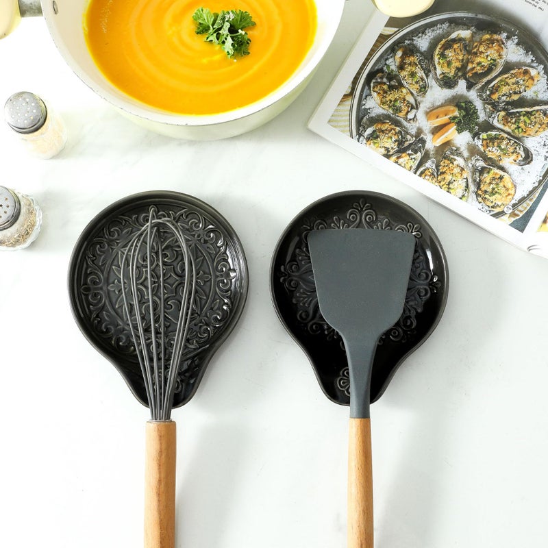 Howise Farmhouse Ceramic Spoon Rests Holder for Kitchen Counter Stove Top (Black-A3) - Image 3