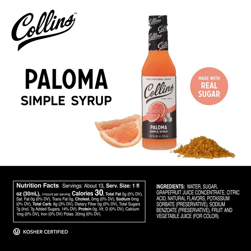 Collins Chicago Collins Paloma Syrup, Made with Grapefruit, Ready to Use Cocktail Mixer for Tequila and Mezcal Drink Mix, Cocktails and Mocktails, Home Bars, Party Essentials, Bartending Supplies, 12.7 oz, Set of 1 - Image 4