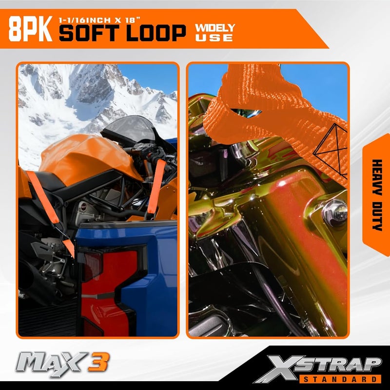 XSTRAP STANDARD أحزمة ربط ناعمة قياسية من XSTRAP - 8 قطع، مقاس 1-1/16 × 18 بوصة - قوة كسر 3600 رطل، حلقات لتأمين نقل الدراجات، مركبات ATV، UTV، الدراجات النارية، السكوتر، دراجات الطرق الوعرة، معدات الحدائق، برتقالي - Image 3