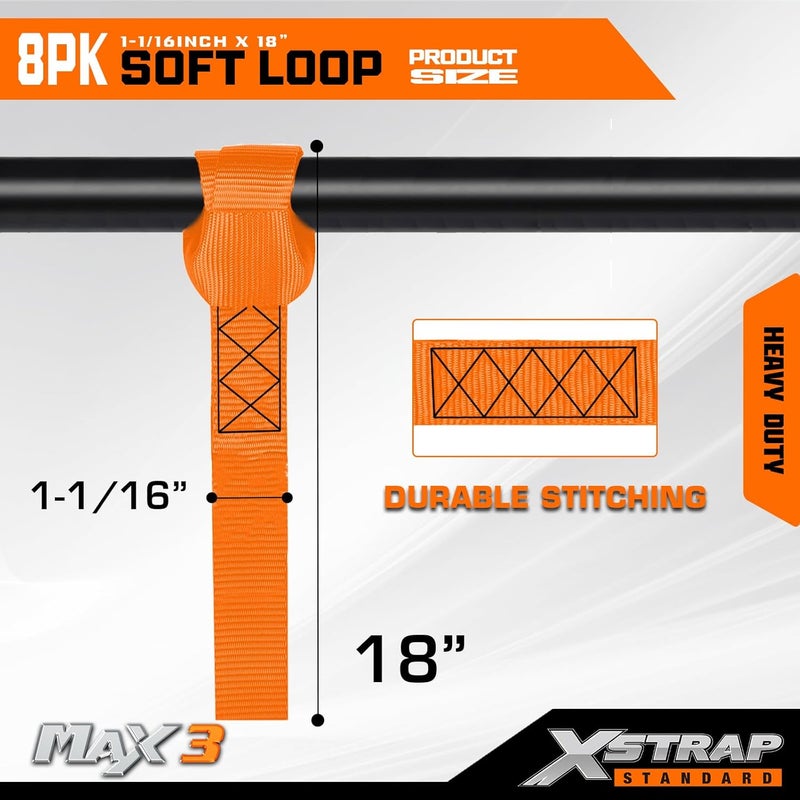 XSTRAP STANDARD أحزمة ربط ناعمة قياسية من XSTRAP - 8 قطع، مقاس 1-1/16 × 18 بوصة - قوة كسر 3600 رطل، حلقات لتأمين نقل الدراجات، مركبات ATV، UTV، الدراجات النارية، السكوتر، دراجات الطرق الوعرة، معدات الحدائق، برتقالي - Image 4