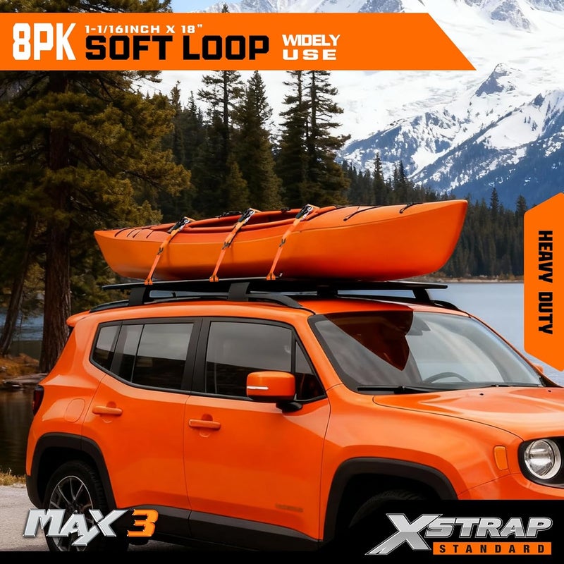 XSTRAP STANDARD أحزمة ربط ناعمة قياسية من XSTRAP - 8 قطع، مقاس 1-1/16 × 18 بوصة - قوة كسر 3600 رطل، حلقات لتأمين نقل الدراجات، مركبات ATV، UTV، الدراجات النارية، السكوتر، دراجات الطرق الوعرة، معدات الحدائق، برتقالي - Image 2