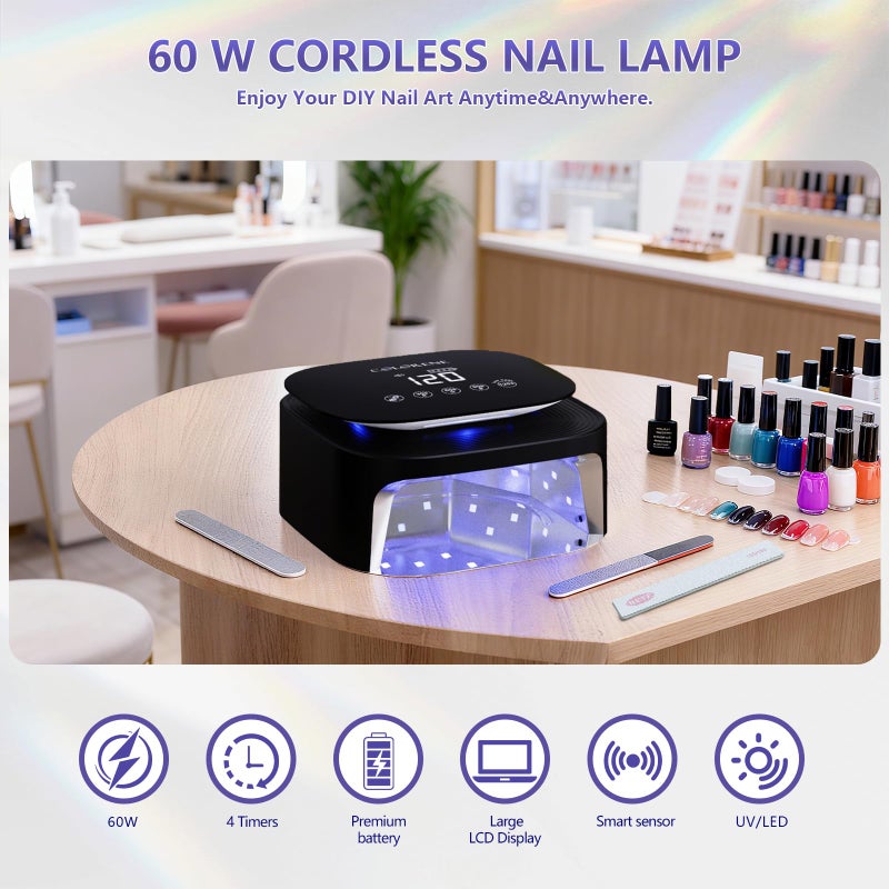 BETE 60W Cordless UV LED Nail Lamp - Rechargeable Gel Polish Dryer with Auto Sensor, 30 Beads & 4 Timer Settings Portable for Home/Salon Black - Image 2