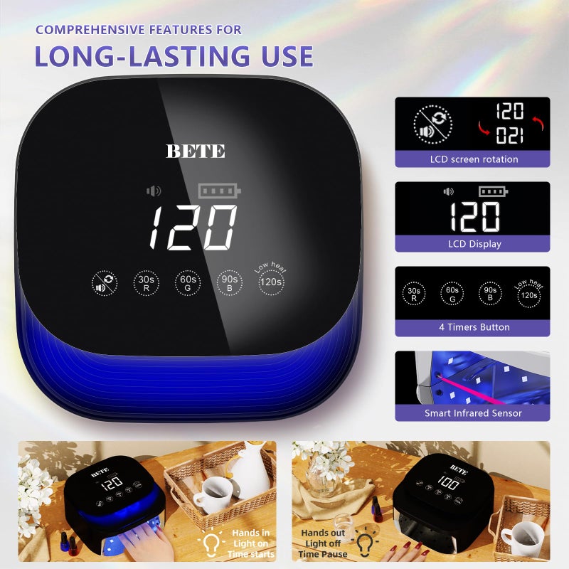 BETE 60W Cordless UV LED Nail Lamp - Rechargeable Gel Polish Dryer with Auto Sensor, 30 Beads & 4 Timer Settings Portable for Home/Salon Black - Image 3
