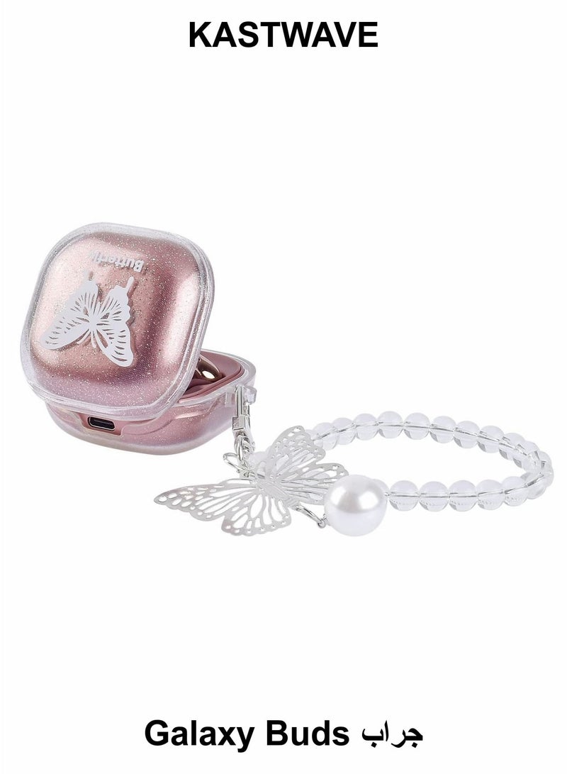 كاست ويف جراب متوافق مع Galaxy Buds 2/Galaxy Buds Pro/Galaxy Buds Live، جراب واقٍ شفاف لامع على شكل فراشة لطيفة مع سلسلة مفاتيح من مادة TPU الناعمة للنساء والفتيات - Image 1