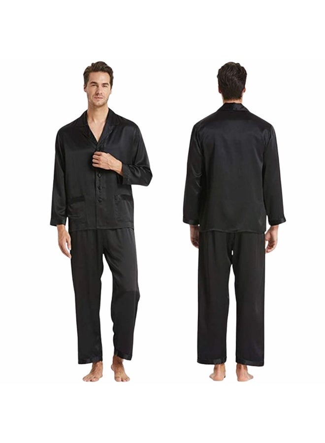 Men's satin pajamas, black, button-up shirt and pants, luxury sleepwear