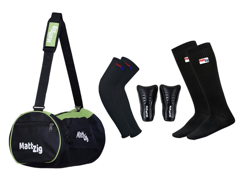 MATTZIG ® Club Football Kit - Black/Green: Knee Length Lycra Cotton Socks, Shin Guard, Arm Sleeves, Kit Bag - Image 1