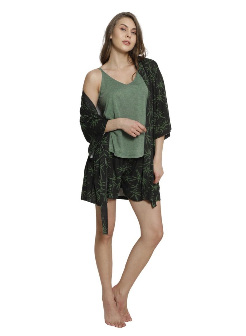 بويراز طقم ملابس نوم من القطن التركي مكون من 3 قطع طقم شورت ومجموعة بيجامة علوية للنساء أسود / أخضر - Image 1