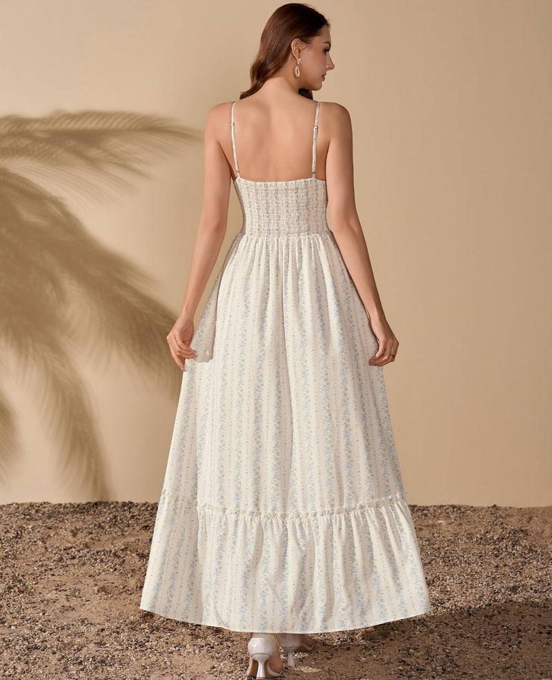 GLNEGE Women's Floral Wedding Guest Long Dress Summer Flowy Tea Party Dresses Spaghetti Straps Lace V Neck Sundress - Image 5