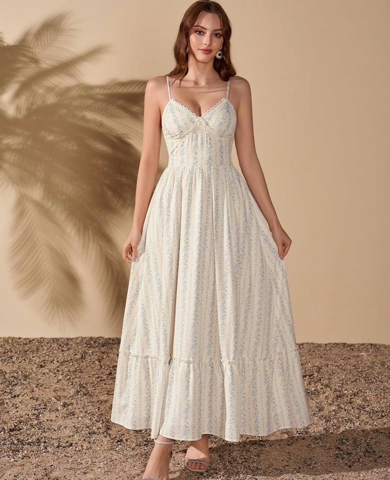 GLNEGE Women's Floral Wedding Guest Long Dress Summer Flowy Tea Party Dresses Spaghetti Straps Lace V Neck Sundress - Image 3