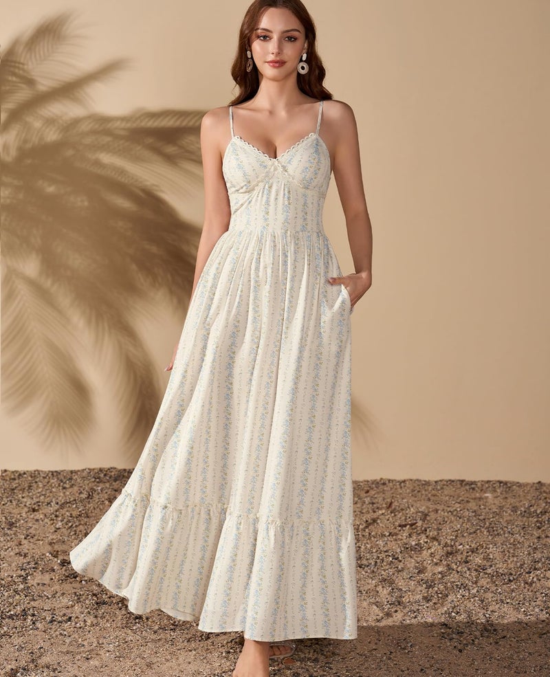 GLNEGE Women's Floral Wedding Guest Long Dress Summer Flowy Tea Party Dresses Spaghetti Straps Lace V Neck Sundress - Image 4