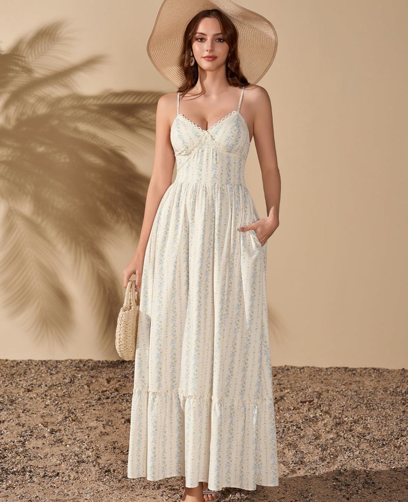 GLNEGE Women's Floral Wedding Guest Long Dress Summer Flowy Tea Party Dresses Spaghetti Straps Lace V Neck Sundress - Image 2
