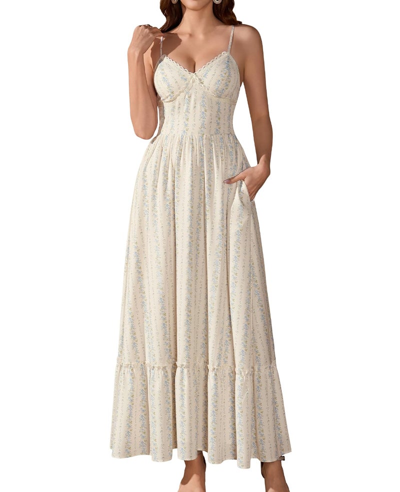 GLNEGE Women's Floral Wedding Guest Long Dress Summer Flowy Tea Party Dresses Spaghetti Straps Lace V Neck Sundress - Image 1