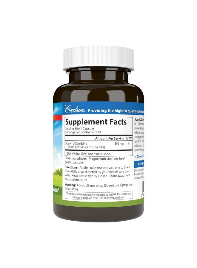 Carlson - Acetyl L-Carnitine, 500 mg, Cognitive Health, Brain Function & Energy Production, 120 Capsules - Image 1