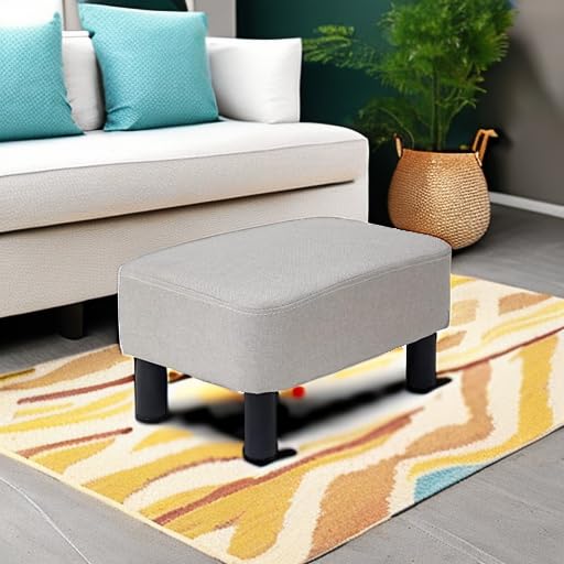 IBUYKE 16.54" Small Footstool, Linen Fabric Pouf, with Padded Seat Pine Wood Legs and Padded Rectangular Stool, for Bedroom, Linen RF-BD213 - Image 5