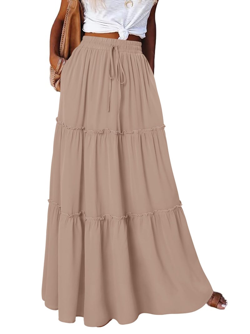 onlypuff Maxi Skirt for Women Boho Western Skirts High Waist Long Skirt with Pockets Fall Festival Outfits Clothing SolidTan XL - Image 2