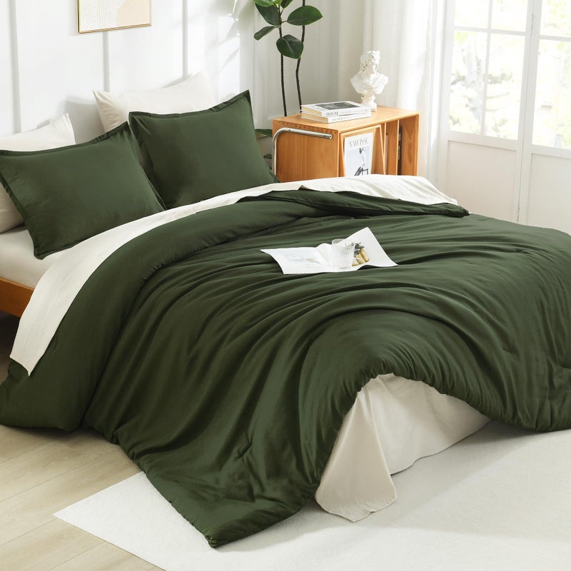 Litanika Litanika Dark Olive Green Twin/Twin XL Comforter Set  2 Pieces Solid Bedding Comforter Set  All Season Fluffy Bed Set (66x90In Comforter & 1 Pillowcase)  - Image 3
