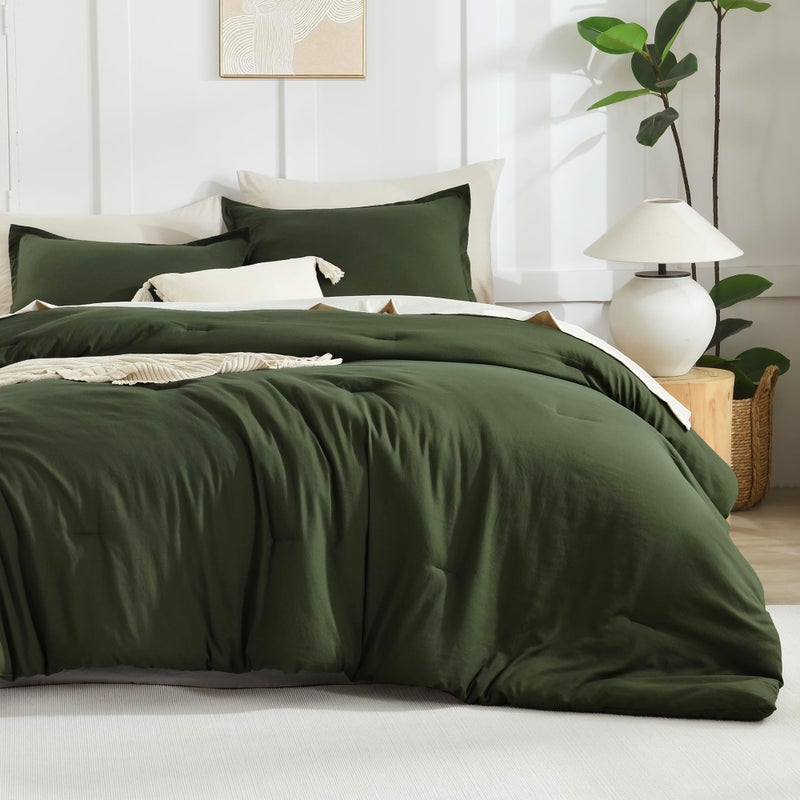 Litanika Litanika Dark Olive Green Twin/Twin XL Comforter Set  2 Pieces Solid Bedding Comforter Set  All Season Fluffy Bed Set (66x90In Comforter & 1 Pillowcase)  - Image 1