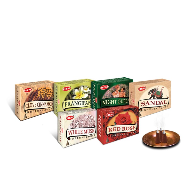 HEM مجموعة هيم 6 في 1 من مخروط البخور خالي من الفحم - القرنفل - القرفة - الورد الأحمر - المسك الأبيض - الفرانجيباني - ملكة الليل - مثالي للعبادة والتأمل والاسترخاء - 120 مخروط - 2025 دقيقة وقت احتراق لكل مخروط - Image 1