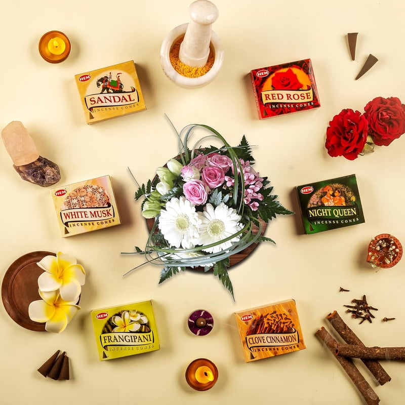 HEM مجموعة هيم 6 في 1 من مخروط البخور خالي من الفحم - القرنفل - القرفة - الورد الأحمر - المسك الأبيض - الفرانجيباني - ملكة الليل - مثالي للعبادة والتأمل والاسترخاء - 120 مخروط - 2025 دقيقة وقت احتراق لكل مخروط - Image 2