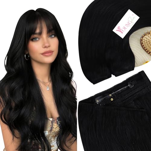 YoungSee Wire Hair Extensions Real Human Hair Jet Black Hair Extensions Wire Black Fish Line Human Hair Extension Long Straight Hair 20In 105G - Image 1
