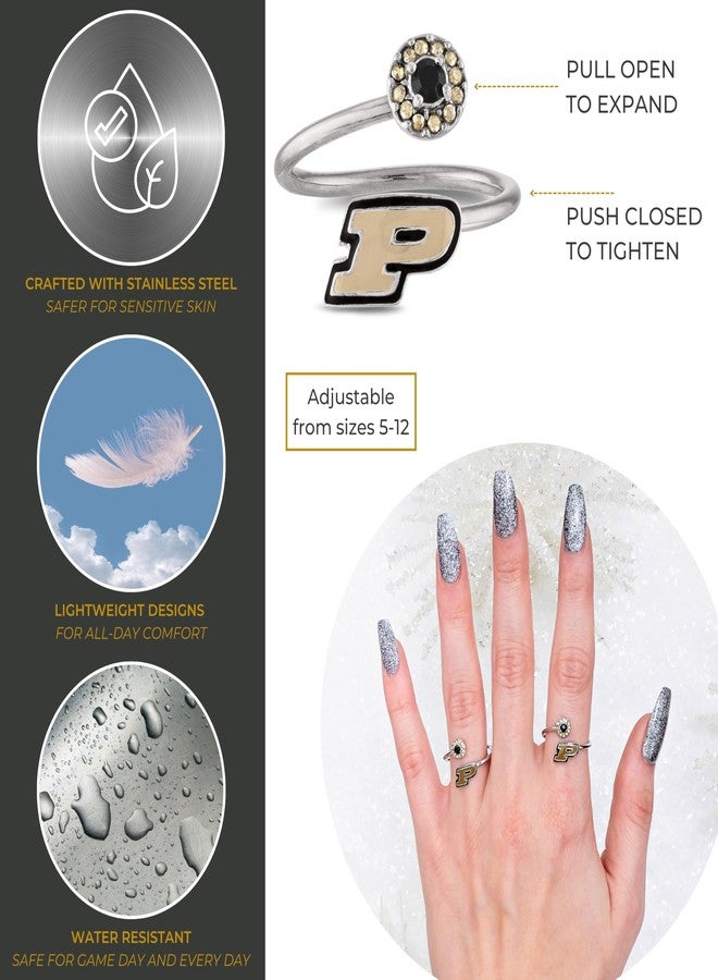 Stone Armory Purdue University Gifts and Purdue Jewelry - Stainless Steel Purdue Ring with Crystals - Hypoallergenic and Adjustable Sizes 5-12 - Purdue Gifts for Women - Image 2