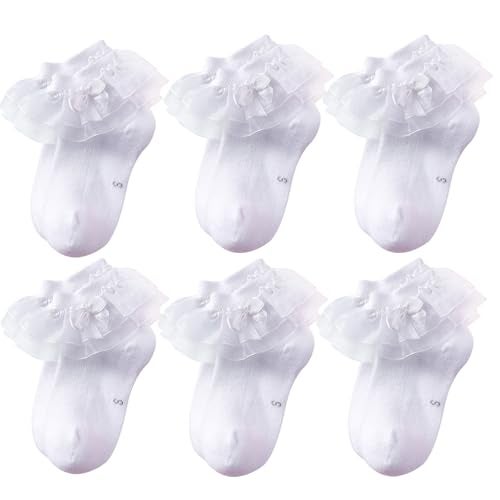 Looching Baby Toddlers Girls White Cotton Princess Ruffles Lace Frilly Dress Ankle Socks with Bowknot 1-8T Pack of 6(White, 4-6T) - Image 1
