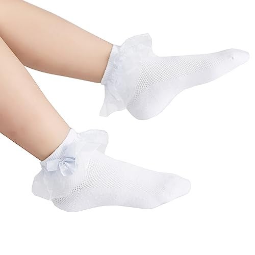 Looching Baby Toddlers Girls White Cotton Princess Ruffles Lace Frilly Dress Ankle Socks with Bowknot 1-8T Pack of 6(White, 4-6T) - Image 3