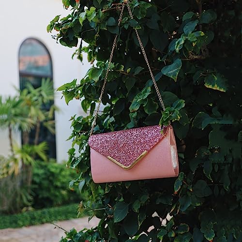 Dasein Women Evening Bags Formal Clutch Purses for Wedding Party Prom Handbags with Shoulder Strap and Glitter Flap (Pink) - Image 2