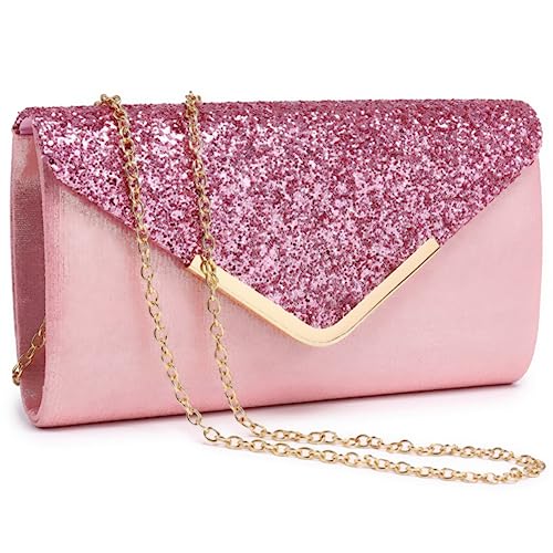 Dasein Women Evening Bags Formal Clutch Purses for Wedding Party Prom Handbags with Shoulder Strap and Glitter Flap (Pink) - Image 1