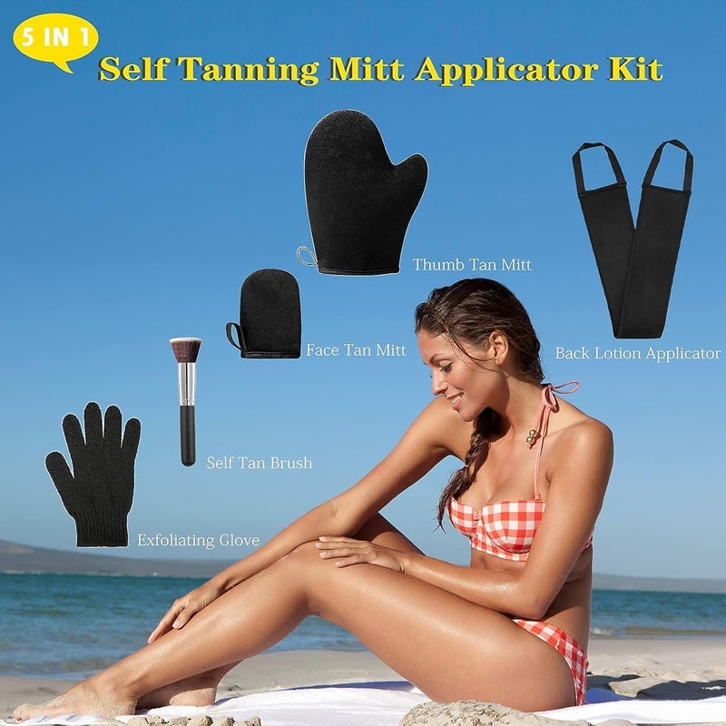 ANSPHIE 5 Pack Self Tanning Mitt Applicator Kit, Self Tan Glove, Face Tan Mitt, Back Lotion Applicator, Exfoliating Glove, Tanning Brush for Tanner Fake Bake - Image 5