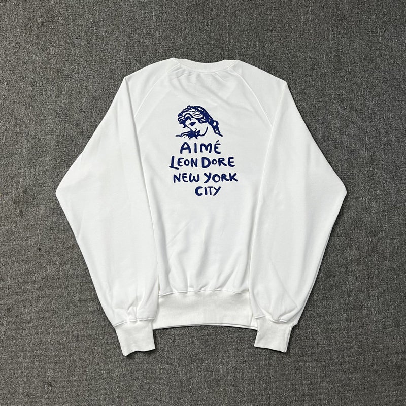 Cross-Border Export Trendy Brand Aime American Retro Goddess Print Basic Raglan Printed Round Neck Sweatshirt Loose for Men and Women White