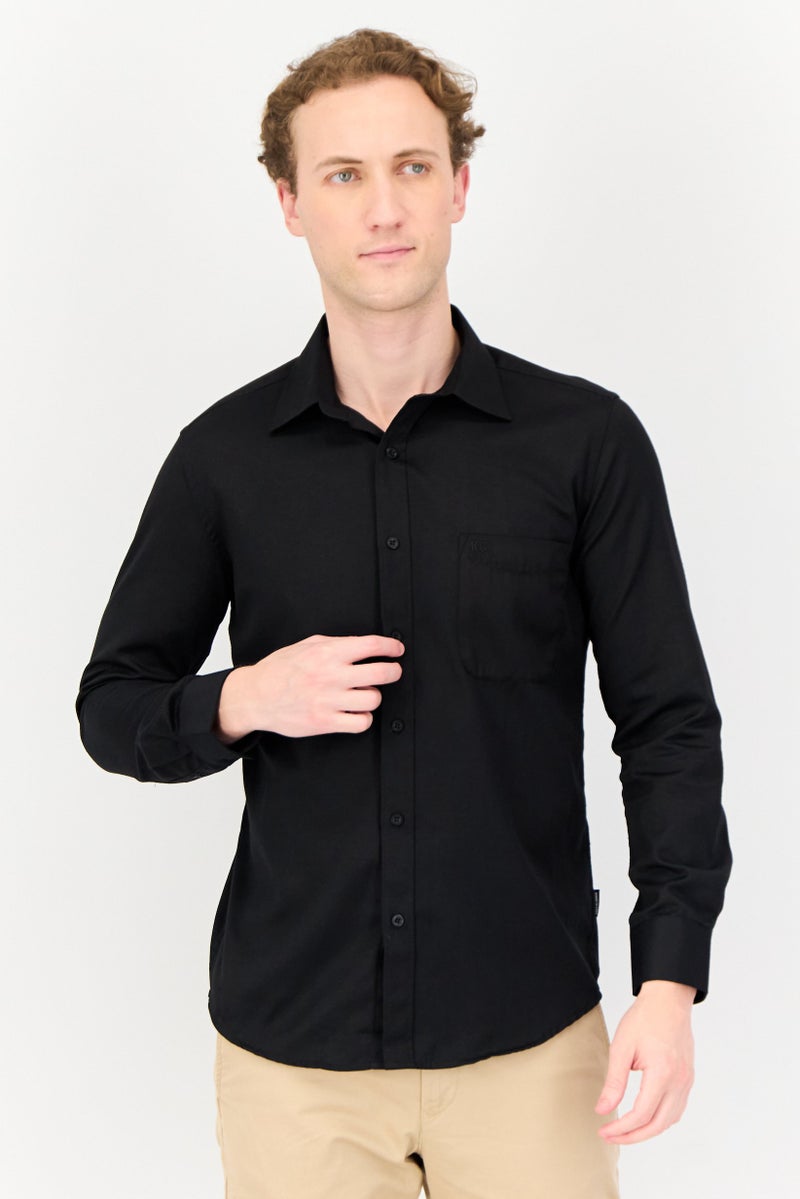 Kenneth Cole قمصان رجالية ضيقة الأكمام طويلة الأكمام بشعار مطرز، أسود - Image 1