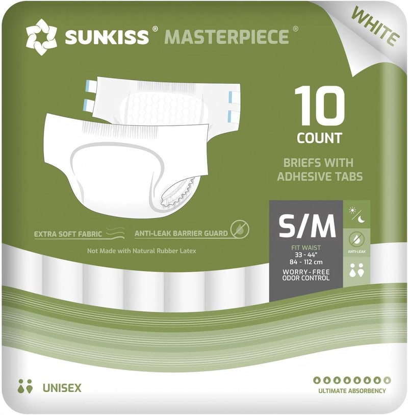 SUNKISS Masterpiece Adult Diapers with Tabs Unisex Disposable Incontinence Briefs for Women and Men Odor Control White SmallMedium Previously Medium 10 Count - Image 1