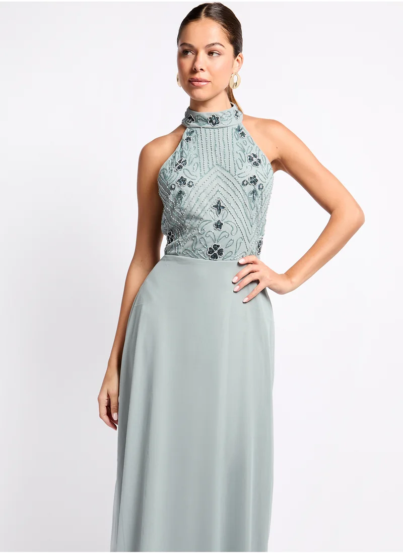 Little Mistress Embroidered Halter Neck Dress