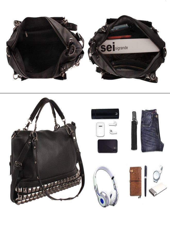 AISI Women Punk Rivet Tote Satchel Handbags Large Capacity Studded Shoulder Bag Nightclub Hobo Cross Body Bag Purse, Black - Image 5